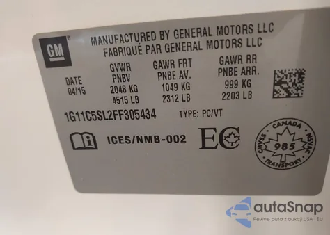 2015 Chevrolet Malibu 1Lt from USA, damaged, VIN 1G11C5SL2FF305434